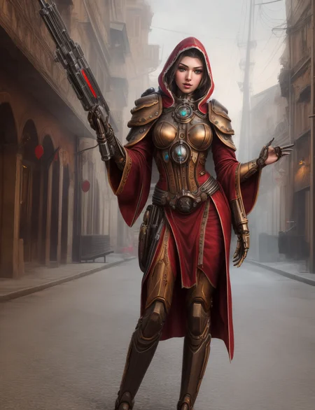 Ultra-realistic 8k CG, masterpiece, best quality, (very detailed face),masterpiece, best quality, 1girl, 20 years old, woman, colorful, (full body, wide shot),  <lora:more_details:0.8>  <lora:techpriest:0.8> mechanical arms, steampunk, hood, robe, techpriest, forgeworld, adeptus mechanicus,