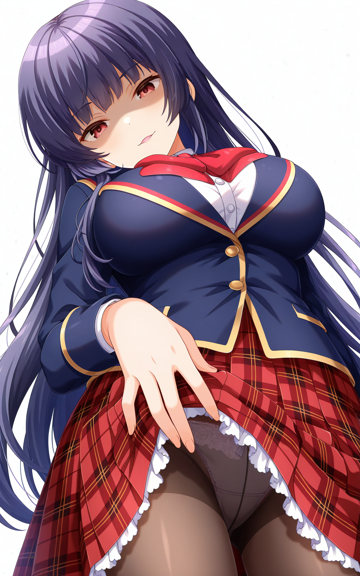 masterpiece,best quality,good quality,newest,4k,perfect lighting,cinematic,very aesthetic,official art,anime screencap,anime coloring,detailed fingers,(((white background,simple background))),
1girl,solo,kagurazaka saya,purple hair,long hair,red eyes,large breasts,
seio school uniform,blue jacket,white shirt,collared shirt,red bow,red skirt,plaid skirt,frilled skirt,black pantyhose,panties under pantyhose,
shaded face,looking down,looking at viewer,naughty face,parted lips,head tilt,standing,leaning back,skirt lift,lifted by self,show panties,arm at side,from below,upskirt,BREAK
<lora:ILsaya:1>