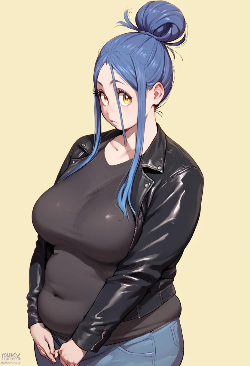 score_9, score_8_up, score_7_up, score_6_up, BREAK
1girl, beautiful, leather jacket, t-shirt, yellow background, <lora:PulenKompot-Fellatrix-BBs-PonyXL:1> mio_\(fellatrix\), 1girl, long hair, sidelocks, hair bun, chubby, plump, blue hair, yellow eyes, large breasts,