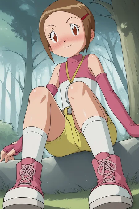 score_9, score_8_up, score_7_up, score_6_up, BREAK, KariDA2PXL, brown eyes, brown hair, short hair, red hairclip, flat chest, yellow necklace, pink shirt, detached sleeves, pink elbow gloves, fingerless gloves, belt, yellow shorts, short shorts, white socks, pink boots, solo, full body, sitting, ((bellow view)), seductive smile, looking at viewer, naughty face, nose blush, forest, tree <lora:KariDA2PXL:1>