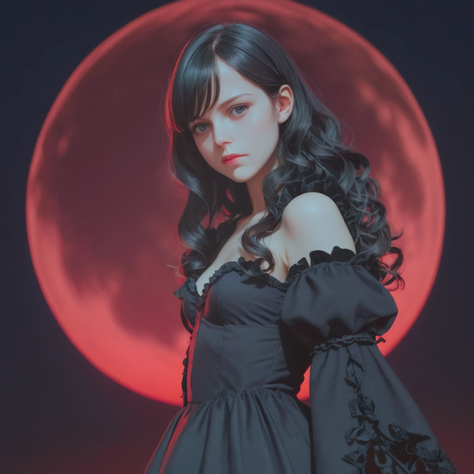 score_9, score_8_up, score_7_up, score_6_up, source_anime, film grain, shadow, from side
perspective, film grain,cinematic lighting,drop shadow,girl,long hair,black hair,wavy hair,black eyes,black gothic dress,long dress,frilled dress,long dress,detached sleeves,puffy sleeves,white skin,bare shoulders, (skinny:1), swept bangs, small breasts,narrowed eyes,head tilt, standing, standing, lace cape,upper body, close-up, moonlight,
night,outdoor, (red huge moon:1.3),
<lora:Gothic_mood:1>,<lora:StS_age_slider_v1_initial_release:-0.1>,<lora:hand 4:0.3>
(dark background:1.6),