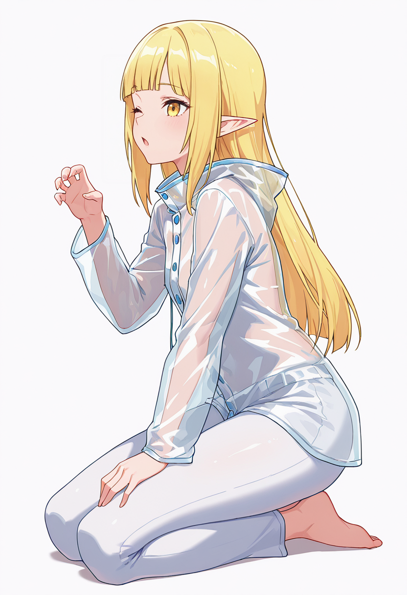Smooth Quality,masterpiece,very intricate, high quality details, ultra realistic, high detailed skin,detailed enviorement,absurdres,
claw pose,solo,
 <lora:Rune_Noma_CNR:0.8> rune_cnr, pointy ears, blonde hair, long hair, yellow eyes, blunt bangs, elf,, simple background, white background, from side,
kneeling, hands on thighs, head slightly tilted, neutral expression, focused gaze,  ,, ;o,, raincoat,  ,turtle neck, ,slim fit pants,  ,