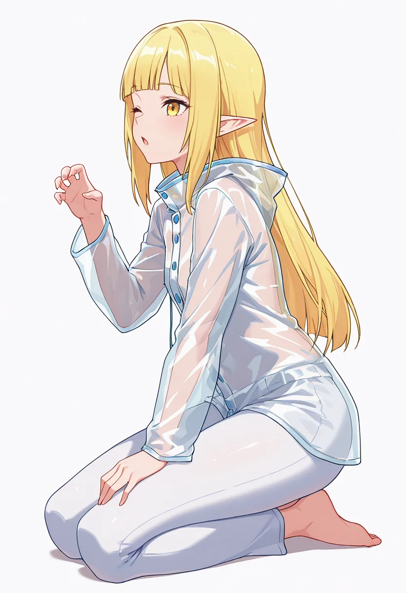 Smooth Quality,masterpiece,very intricate, high quality details, ultra realistic, high detailed skin,detailed enviorement,absurdres,
claw pose,solo,
 <lora:Rune_Noma_CNR:0.8> rune_cnr, pointy ears, blonde hair, long hair, yellow eyes, blunt bangs, elf,, simple background, white background, from side,
kneeling, hands on thighs, head slightly tilted, neutral expression, focused gaze,  ,, ;o,, raincoat,  ,turtle neck, ,slim fit pants,  ,