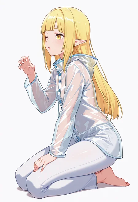Smooth Quality,masterpiece,very intricate, high quality details, ultra realistic, high detailed skin,detailed enviorement,absurdres,
claw pose,solo,
<lora:Rune_Noma_CNR:0.8> rune_cnr, pointy ears, blonde hair, long hair, yellow eyes, blunt bangs, elf,, simple background, white background, from side,
kneeling, hands on thighs, head slightly tilted, neutral expression, focused gaze, ,, ;o,, raincoat, ,turtle neck, ,slim fit pants, ,