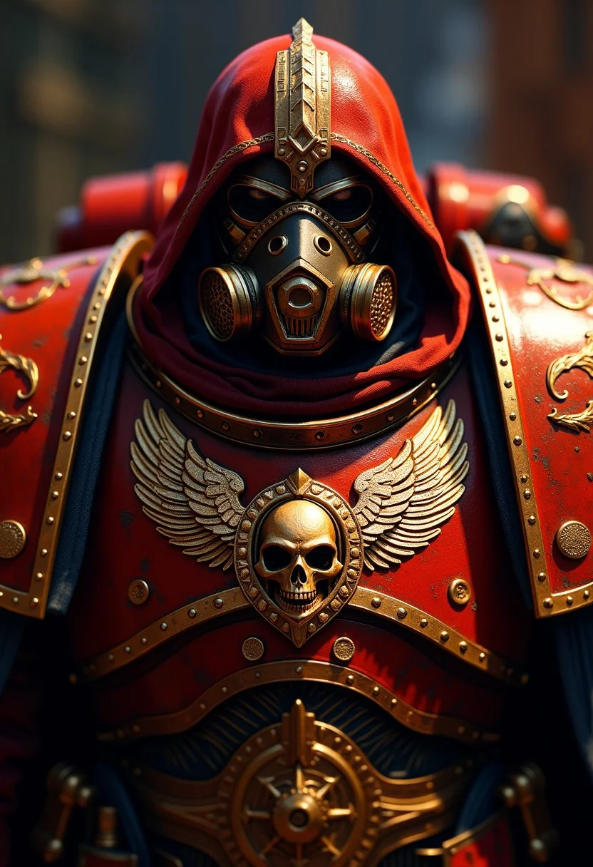 The heroic Blood Angels Space Marine Primarch from the world of Warhammer 40k, dons a menacing gas mask. His battle-hardened armour gleams with metallic red and shimmering gold accents, and the graphic on his chest shows a skull with angelic wings. The vivid imagery is reminiscent of stunning digital illustrations, capturing the Primarch's majestic stature and powerful presence. Just like the Space Marines, it transports viewers into an epic and thrilling sci-fi saga. <lora:flux.1_lora_flyway_Epic-Characters_v1.preview:1.0>