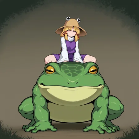 masterpiece, amazing quality, best quality, absurdres, aesthetic, (spacezin:0.45), (fluffydango:0.2), black-burakku, (aldharoku:0.7), BREAK, 1girl, moriya suwako, clothed, giant frog, sitting, riding, animal