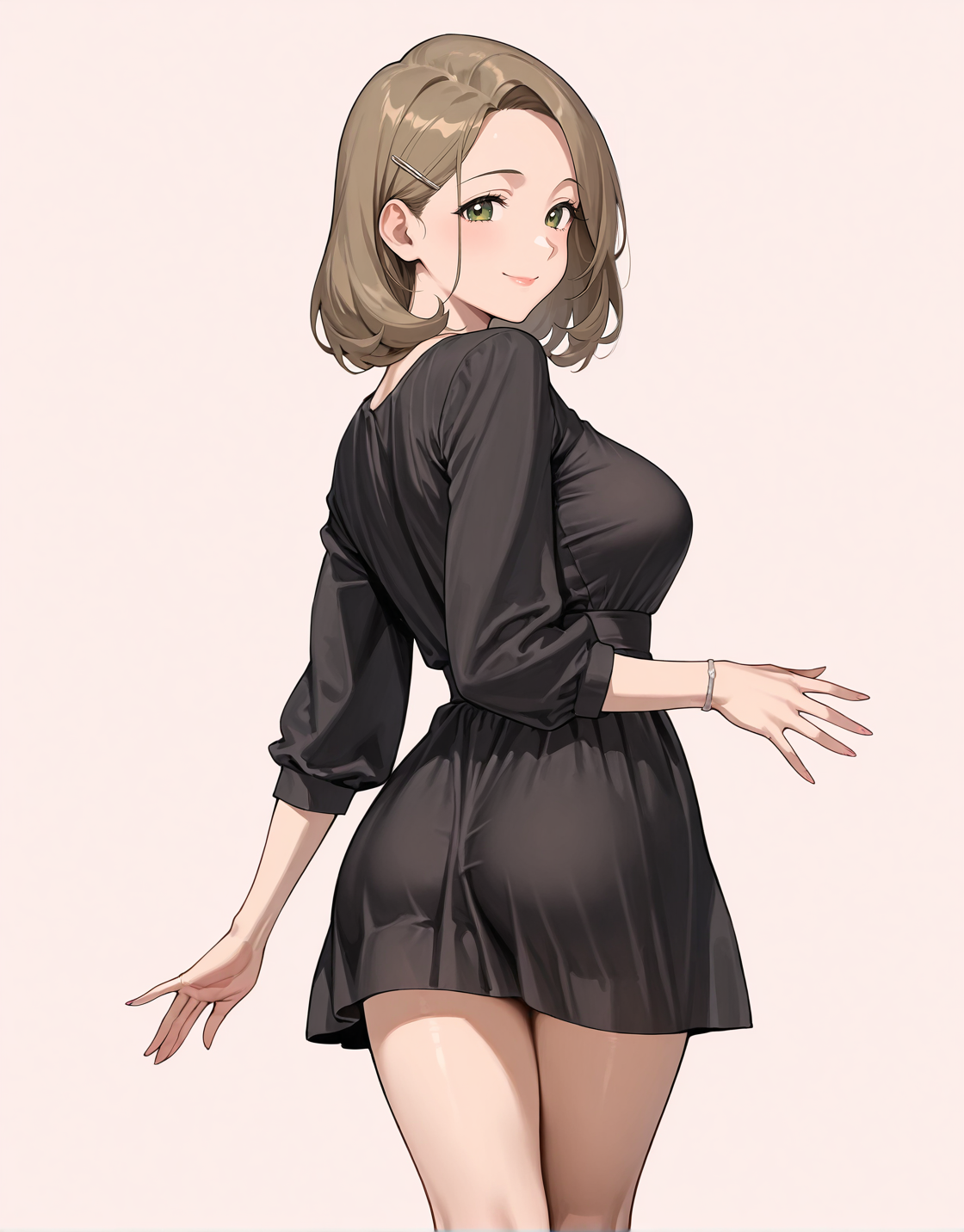 perfect quality, best quality, masterpiece, 1girl, solo, simple background, pink background,
standing, cowboy shot, from behind,
smile, Classic Finger Waves with Hairpin, Blanched almond hair, brown eyes, mature female, medium breasts,
short dress, black dress     <lora:shortdress07-illustrious:1>