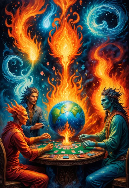 (Oil Paint Effect, painting) of a  poker party between four elemental players which are one fire spirit, one water spirit, one earth spirit, one air spirit, intricate details, masterpiece, best quality