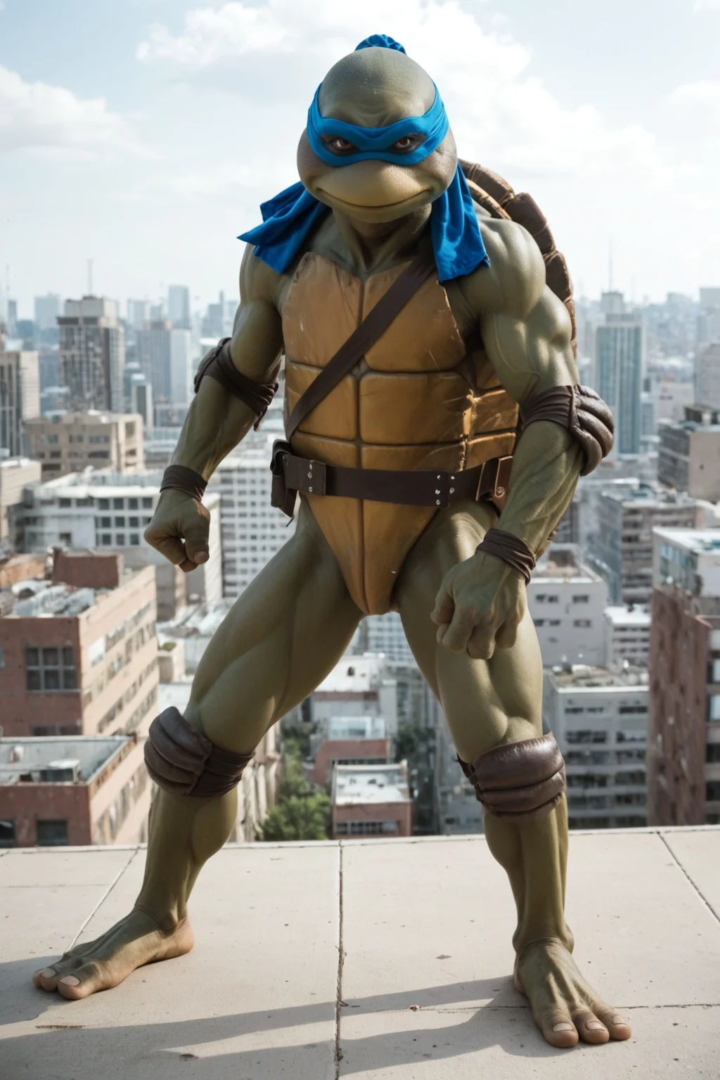 score_9, score_8_up, score_7_up, rating_safe, masterpiece, high quality, ((realistic, source_IRL)), BREAK, full body shot, TMNTLeonardo, a teenage mutant ninja turtle, wearing blue bandana mask with eye-holes, fight stance, standing on a city rooftop during the day, skyscrapers and rooftops and day sky in the background, <lora:TMNT_AIO_Pony:1>