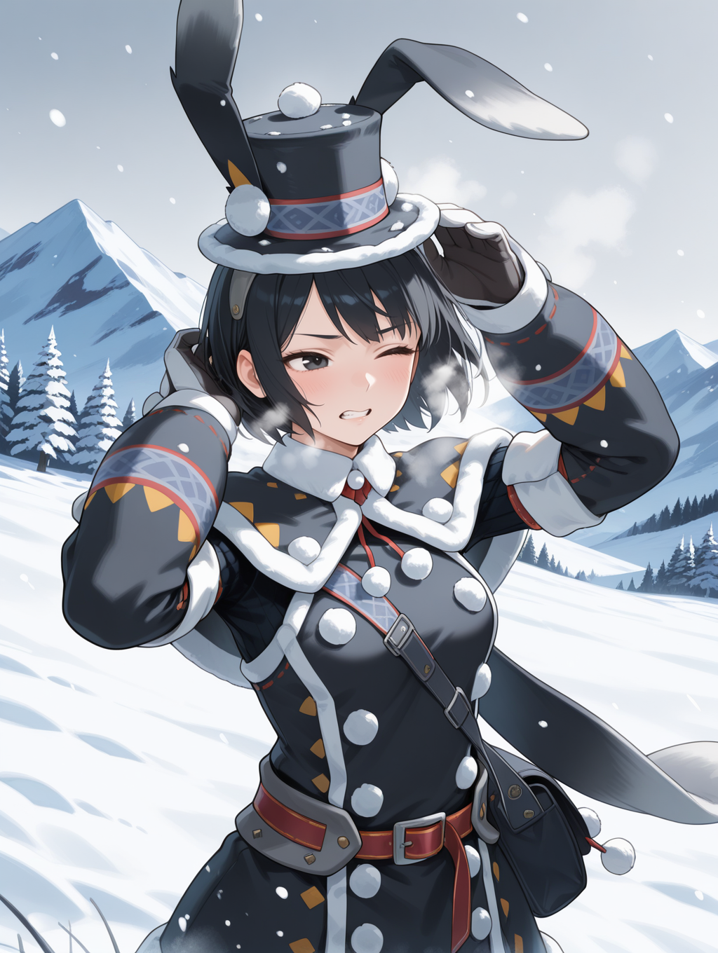 snowbaron lagombi armor,solo,black hair,black eyes,short hair,1girl,upper body,standing,looking to the side,mountain,tree,winter,snow,black fur-trimmed top hat,black fur-trimmed capelet,black fur-trimmed coat,black fur-trimmed gloves,black bag,covering_head,wind,snow,clenched teeth,one eye closed,Blizzard,heavy breathing, steam
masterpiece,best quality,amazing quality,very aesthetic,absurdres,newest,<lora:Snowbaron Lagombi Armor illuXL v1:0.75>,