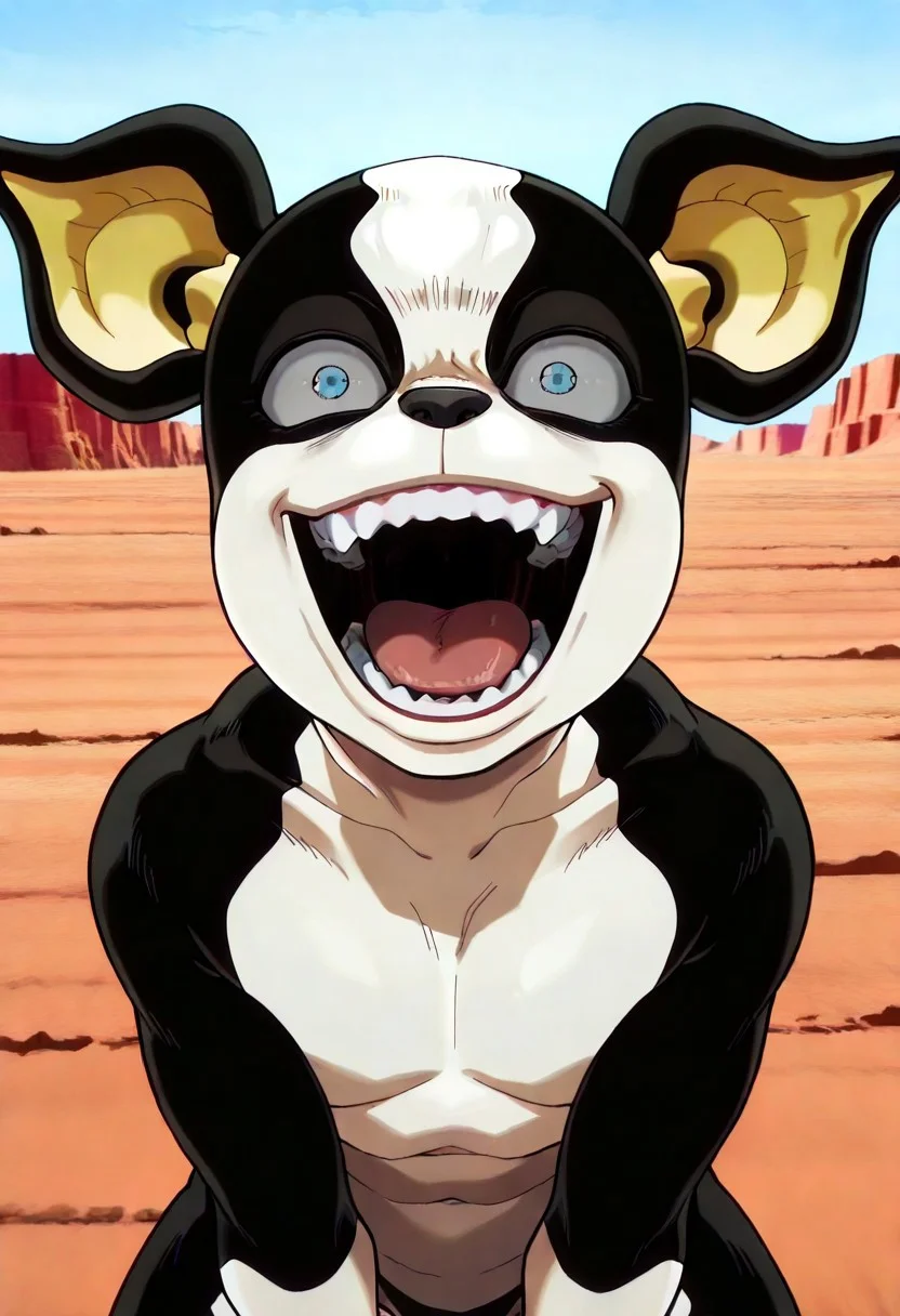 face shot, iggy, male, feral, furry male, solo, black fur, white fur, two-tone fur, yellow ears, blue eyes, black nose, , looking at viewer, standing, upper body, (laughing:1.3), crazy eyes, open mouth, gums only,, outdoor,desert, BREAK ,20r0j_2,by Syuro,masterpiece, best quality, amazing quality, very aesthetic,highres,