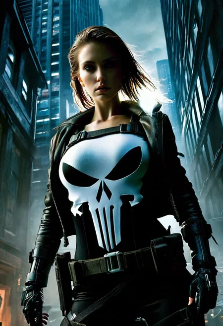 A hyper-realistic depiction of a lone girl's upper body, clad in a dark, gritty Punisher outfit, complete with a stark white skull emblem on her chest, set against a muted, urban backdrop with bold, cinematic lighting, intense shadows, and a futuristic, high-contrast color palette, shot from a slight low-angle perspective with a wide-aperture lens, emphasizing her determined gaze and rugged attire, in the style of a detailed digital painting with subtle texture and depth.