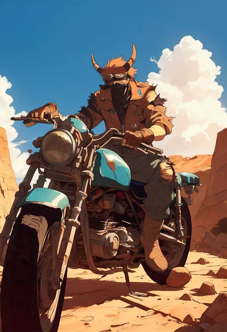 score_9, score_8_up, score_7_up, score_6_up, zy_bebbo, solo, gloves, 1boy, jacket, male focus, boots, outdoors, horns, sky, day, pants, cloud, fingerless gloves, blue sky, torn clothes, mask, brown footwear, goggles, ground vehicle, motor vehicle, brown gloves, rock, motorcycle, desert, <lora:zy_bebbo_v1:0.8>