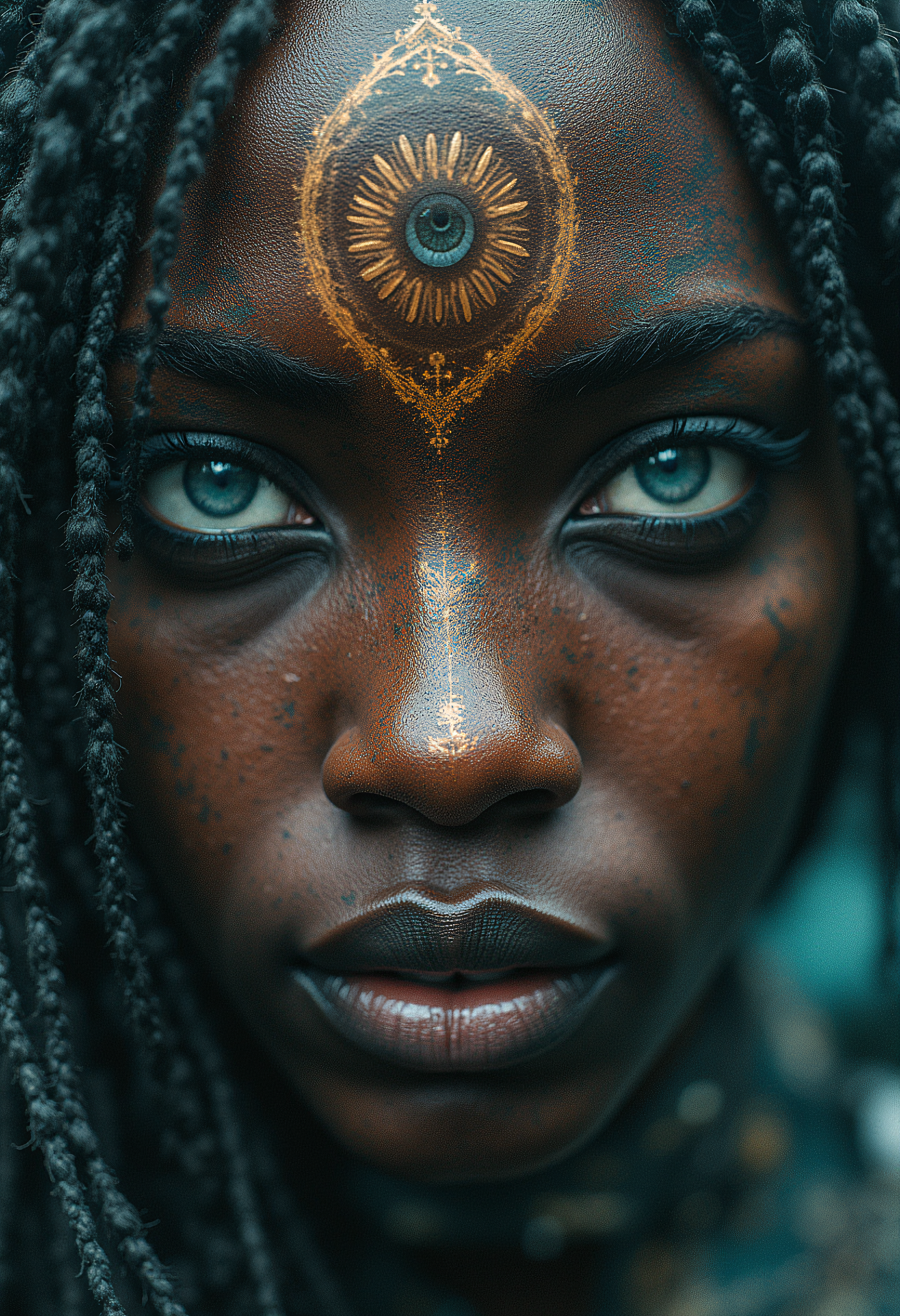 quantum entanglement, dystopian future, parallel world, a thin veil as a shield, 3 eyes, africa