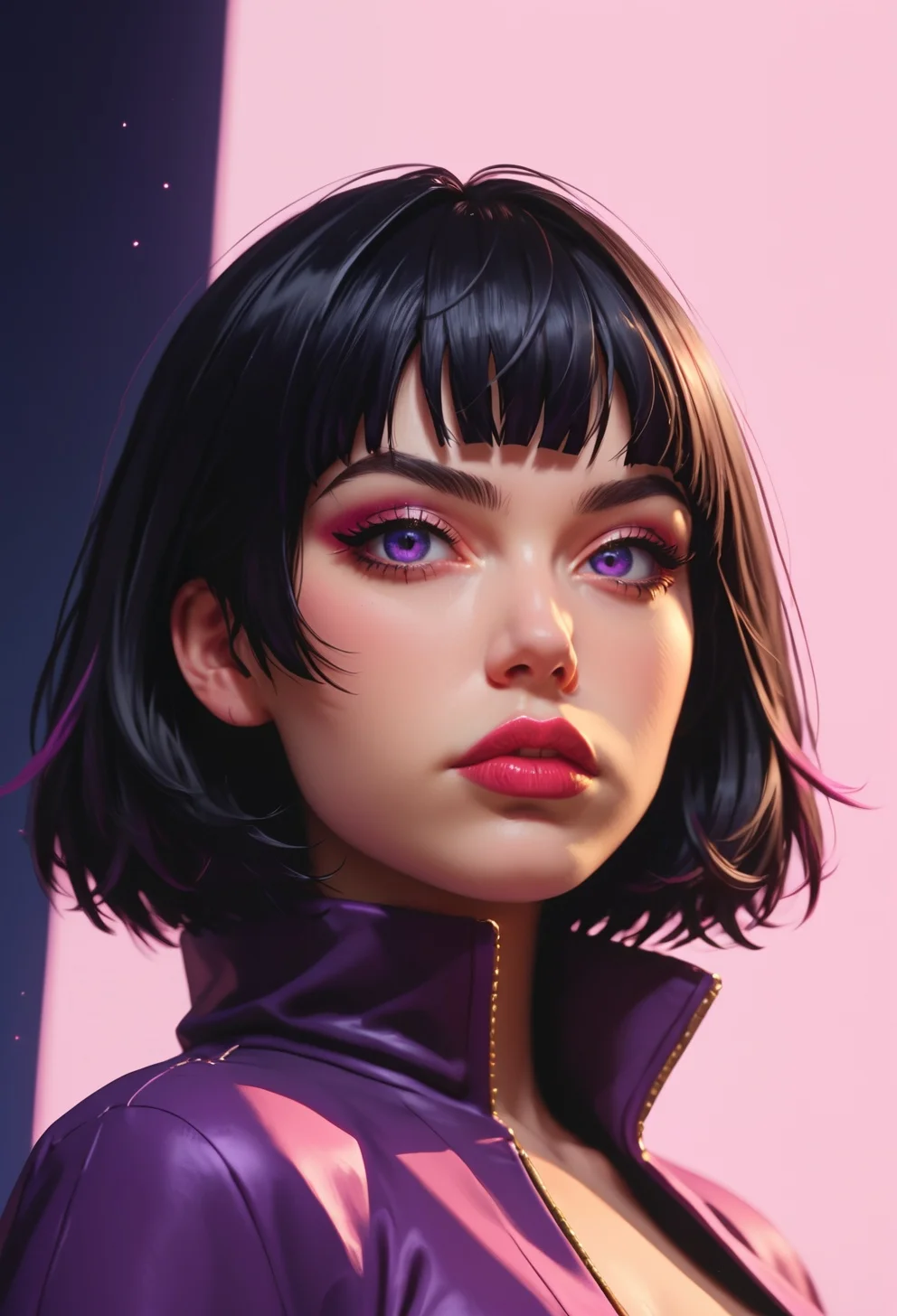 <lora:g0th1cPXL:0.5>g0th1c<lora:TradingCardsPonyXL:0.75>dsktrdcardxl,score_9, score_8_up, score_7_up, score_6_up, solo, source_comic, comic book art, fantasy art, Lenticular, dark and dim, Low Angle, (side view perspective), a woman, (ninja:1.1) woman, with neon , pink and black hair, pink hair gradient black hair, deep ultraviolet eyes, gold eyes, gold and violet eyes, detailed eyes, with a high collar cyber (Samurai:1.1) jacket, Large velvet luxury cape, detailed, background is detailed spacescape with translucent dark-amber 3d Highlights, stunning 3d lighting, detailed, highly vibrant, detailed, masterpiece, highly detailed, high quality, score_5_up, score_4_up,