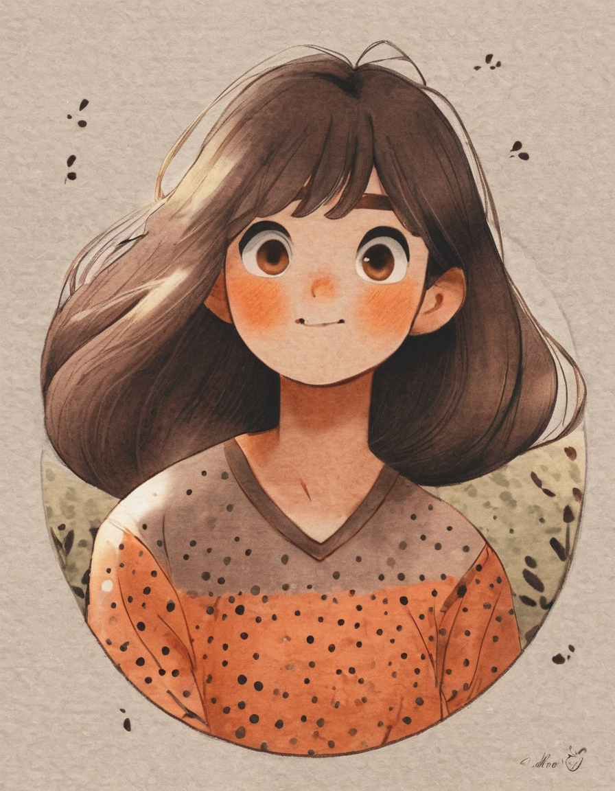nelli_artstyle, <lora:Nelli_Art_Style:1>,1girl, long hair, solo, smile, looking at viewer, floating hair, leaf, blush, grey hair, shirt, from side, polka dot, bangs, orange eyes, closed mouth, signature, orange shirt, upper body, wind