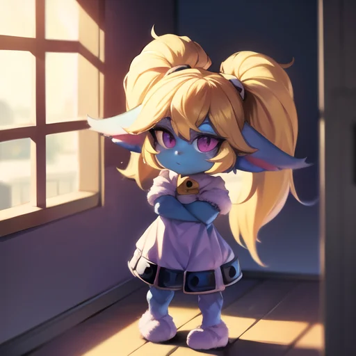 poppy, twintails,blue skin,furry,fluffy ears,yordle,shortstack,1girl,room,blonde hair,standing up,clothing,purple eyes,arms wide,hands