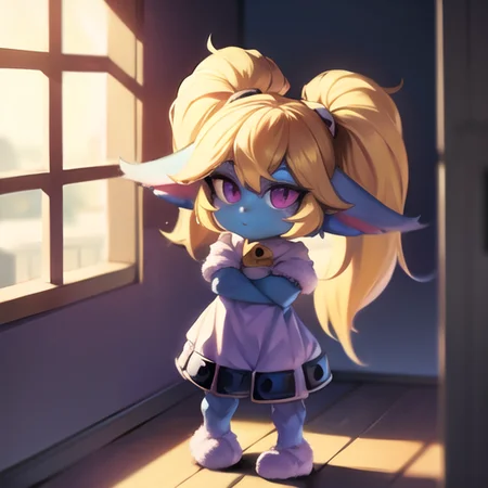 poppy, twintails,blue skin,furry,fluffy ears,yordle,shortstack,1girl,room,blonde hair,standing up,clothing,purple eyes,arms wide,hands
