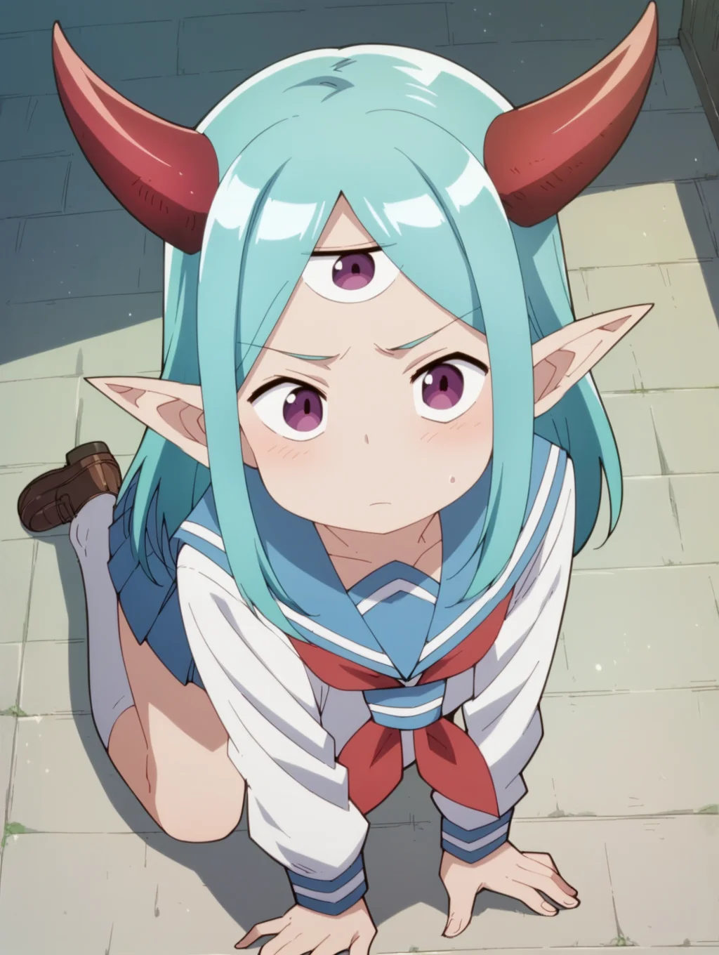 score_9, score_8_up, score_7_up, score_6_up, score_5_up, score_4_up, source_anime,rating_safe, 1girl,solo, <lora:lv1maou_b_v1:1>, lv1maou_b, horns, pointy ears, aqua hair, purple eyes, school uniform, pleated skirt, neckerchief, white legwear, shoes,, :3, all fours