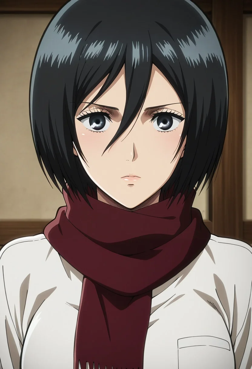 masterpiece, best quality, , anime screencap, , , looking at viewer, , 1girl, solo, <lora:mikasa_ackerman_ilxl:0.94>, mikasa_ackerman, black hair, black eyes, hair between eyes, short hair, , , ,