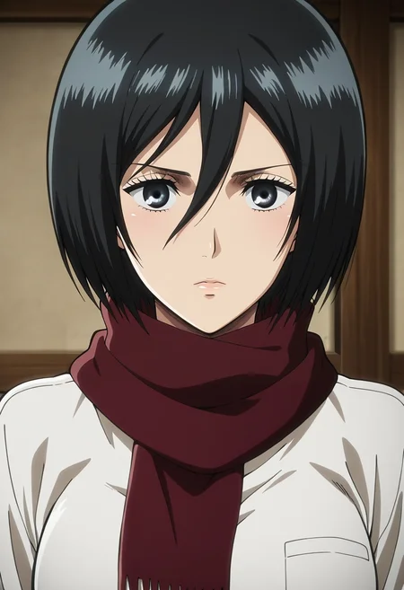masterpiece, best quality, , anime screencap, , , looking at viewer, , 1girl, solo, <lora:mikasa_ackerman_ilxl:0.94>, mikasa_ackerman, black hair, black eyes, hair between eyes, short hair, , , ,