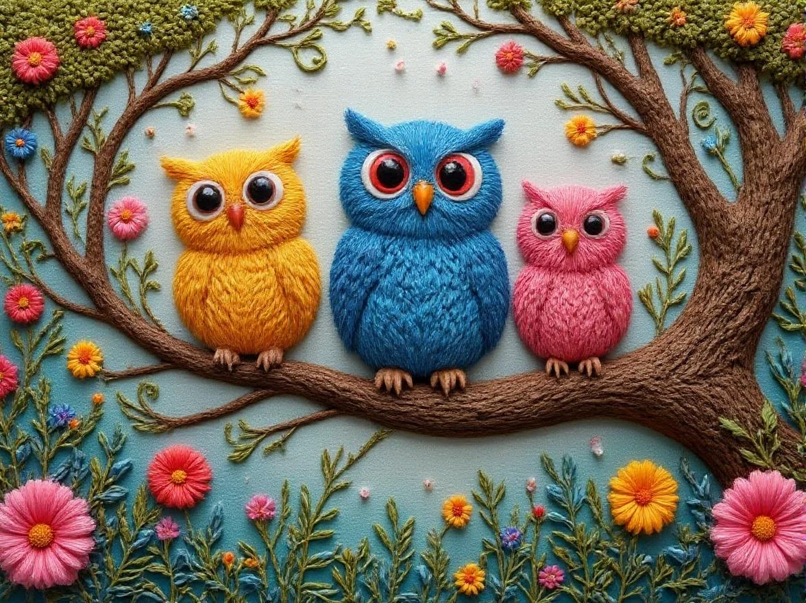 <lora:YarneyYarnYarnv2.safetensors:1>
Style: Noir-inspired Comic Book
Three owls perch on a gnarled brown branch, their forms rendered in bold, thick ink outlines that pop against the muted, shadowy backdrop of the forest. The owls are a vivid symphony of colors—blue, yellow, and pink—each with large, expressive eyes that seem to gleam with a mischievous intensity. The blue owl, positioned at the center, stares directly ahead, its feathers detailed with fine, sketchy lines and cross-hatching that create a textured, hand-illustrated effect. Its eyes, a stark red, pierce through the somber scene, adding a touch of tension and focus. To the left, the yellow owl tilts its head slightly, its features exaggerated and playful, as if it's about to share a secret. The pink owl, perched to the right, has a more serene expression, its eyes half-closed in a dreamy, almost ethereal state. The background is a subdued blend of pale blues and grays, with the lush foliage and misty morning light creating a soft, diffuse ambiance. The branch they sit on is textured and rough, with the owls’ smooth, vibrant feathers forming a striking contrast. The composition is symmetrical, with the owls and the branch balanced in the frame, leading lines guiding the eye to the center. The lighting is harsh and graphic, with deep, shadowed areas cutting sharply across the scene, adding to the noir-like intensity and a sense of unpredictability. The overall mood is calming yet mischievous, a surreal and ethereal tableau in the tranquil morning light.