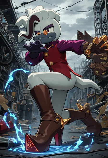 masterpiece, best quality, amazing quality, high detail, absurdres, Doctor Starline, 1boy, male, solo, slender, pince-nez, webbed brown glove, glove on the left hand, Tricore, purple shirt with golden cufflinks, red-violet vest, brown boots with golden buckles, red-violet soles, medium-high heels, Heel Spur, upward-turned pointy toes, dynamic pose, blue aura around body, scrap yard, factory, gray sky, clouds