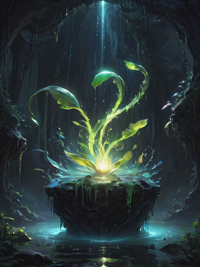 letitflrsh, (let it flourish), an impossible to solve contraption in watery slime , epic, nighttime glow, radiating light, illumination, atmospheric, scale, eerie, eternal, order, healing, light, hope, soothing, calm , <lora:- SDXL - letitflrsh_let_it_flourish_V1.0:.8>