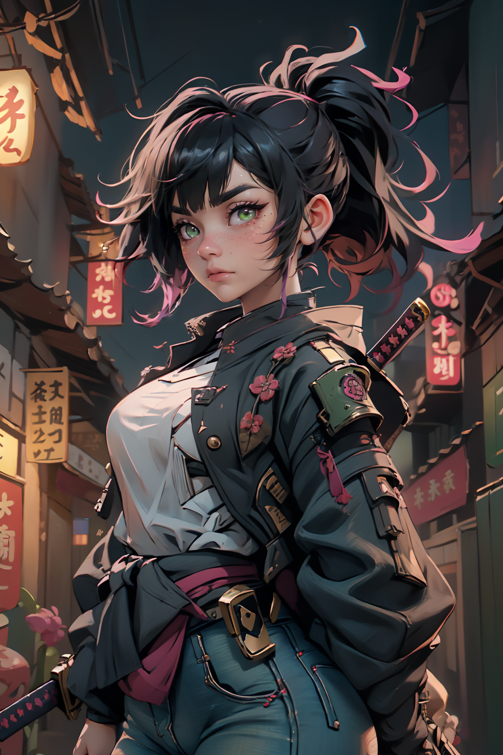 highres, masterpiece, perfect lighting, bloom, cinematic lighting, adult, female, looking at viewer, cowboy shot, (RSEEmma:1.5),<lora:RSERomantic_RSESofiko_RSEEmma-v1:0.3>,nijisamurai, samurai jacket, jeans, cyborg, <lora:Samuraibot:0.8>  side-swept bangs, black hair, pink IncursioDipDyedHair, messy mid ponytail, green eyes, thick eyebrows, freckles, <lora:DipDyedHair:1>