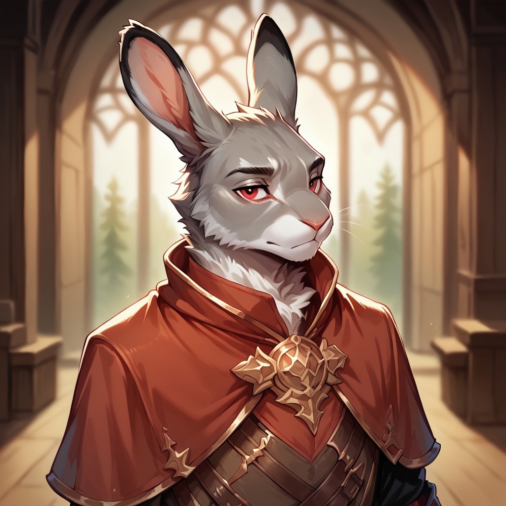 (((detailed, beautiful, high quality))), score_9, score_8_up, score_7_up, solo, 
harengon, furry hare, tail,
1 boy, male focus, red eyes, gray skin, red capelet, beige shirt,
looking at the viewer,
fantasy background, blurred background,