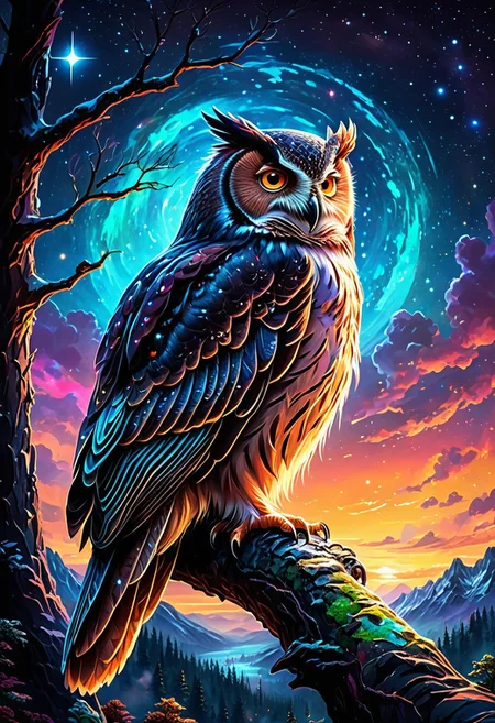 <lora:SS02ImpressionisticPainting_Hap_XL:2>,Thomas Kinkade style, <lora:add-detail-xl:0.1> glowing frame, backlight colors, silhouette colors, cosmic frame, powerful owl, profile in a frame, silhouette, backlighting, vibrant,magical night sky, illustration, soft, beautiful, dreamy, realistic, professional, simple, twinkling night sky, extremely detailed, hyper detailed, illustration, half finished sketch, half colored sketch, anime, masterpiece, bright colors, high contrast, vivid lighting, dark background, simple background, mad-spiral-galaxy,