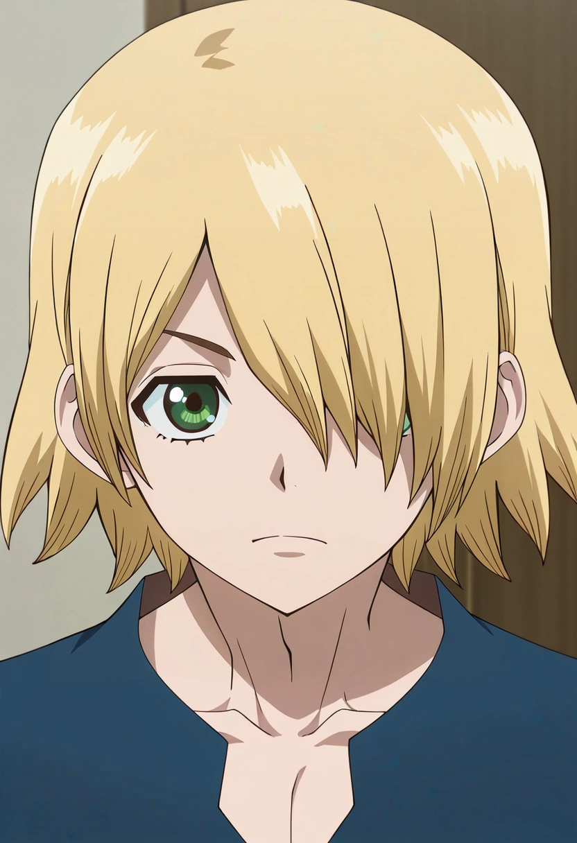 masterpiece, best quality, intricate details, anime screencap, anime coloring, official style, looking at viewer, 1boy, solo, male focus, <lora:ginrou_dr_stone_ilxl:0.96>, ginrou_dr_stone, blonde hair, green eyes, short hair, hair over one eye, ,