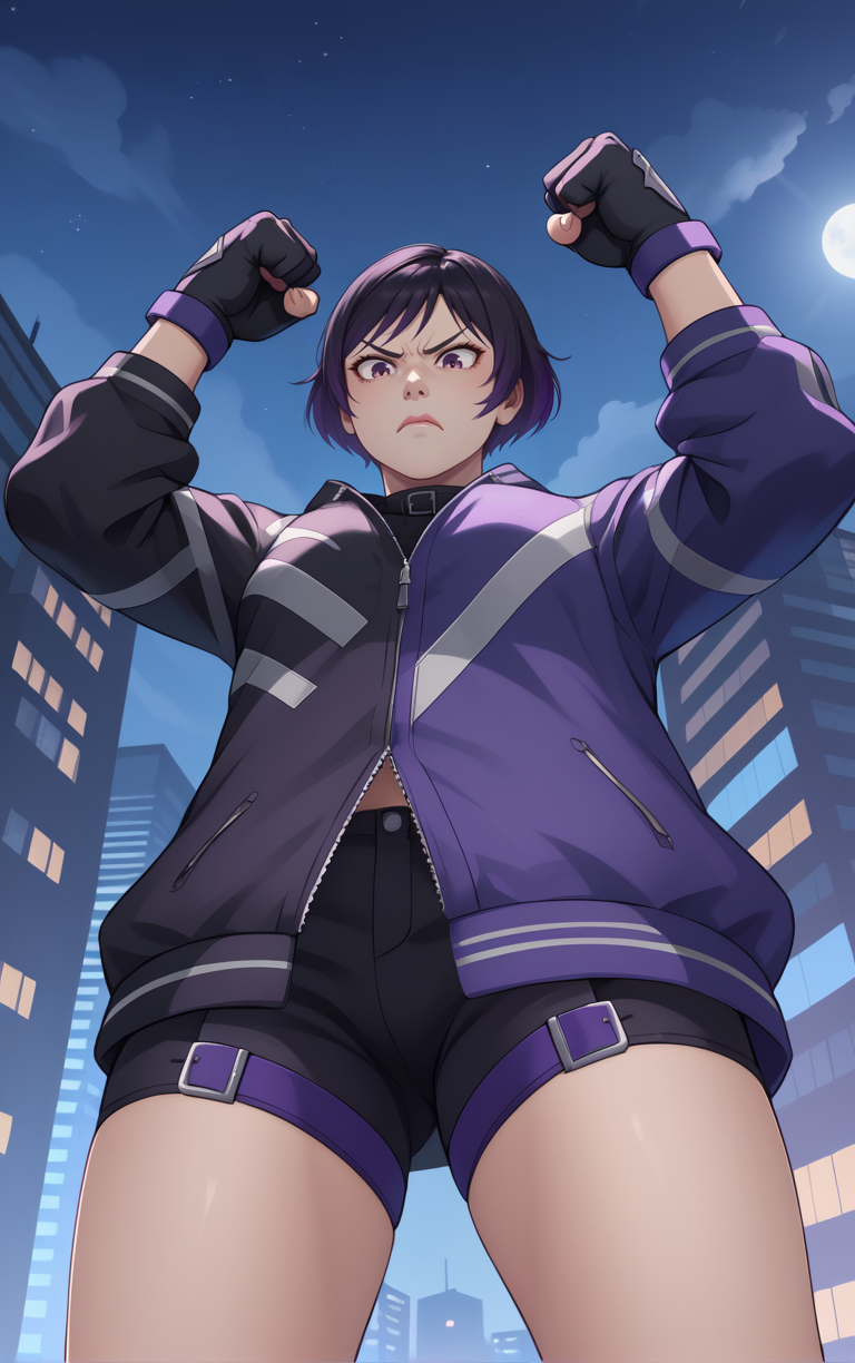 Reina,  black purple jacket,black gloves,
shorts,clenched hand,raised fist,
from below, 
night,city square,<lora:ReinaM:0.8>,