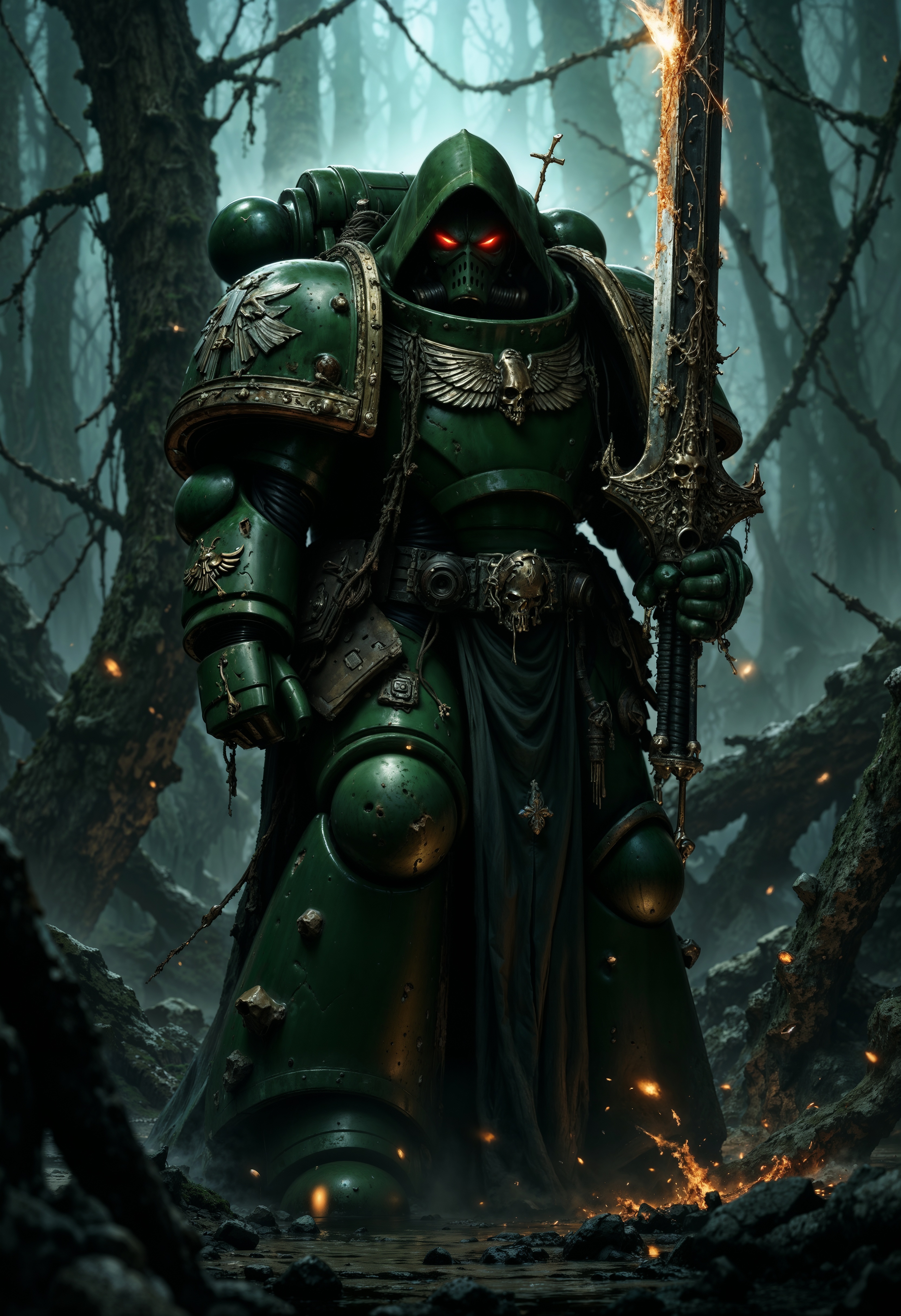 A Powerful DarkA40k space marine, draped in tattered, dark green power armor that pulses with a faint, eerie glow, stands on a creaking wooden bridge. He points the tip of a massive, rune-etched sword menacingly at the camera, the blade crackling with dark energy. Shadows swirl around him, and the misty air is thick with tension. red flames flicker within his hollow eyes, reflecting the bridge's warped, splintered planks, over the sword camera view  <lora:FluxDarkA40k:1> <lora:FluxMythP0rtr4itStyle:0.7>