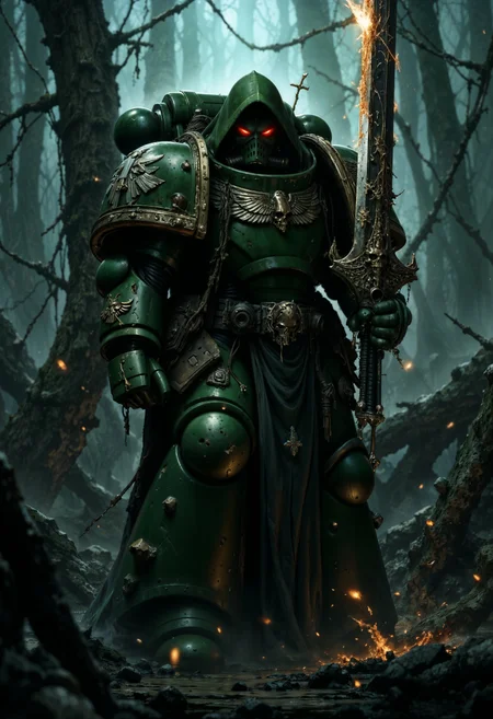 A Powerful DarkA40k space marine, draped in tattered, dark green power armor that pulses with a faint, eerie glow, stands on a creaking wooden bridge. He points the tip of a massive, rune-etched sword menacingly at the camera, the blade crackling with dark energy. Shadows swirl around him, and the misty air is thick with tension. red flames flicker within his hollow eyes, reflecting the bridge's warped, splintered planks, over the sword camera view <lora:FluxDarkA40k:1> <lora:FluxMythP0rtr4itStyle:0.7>
