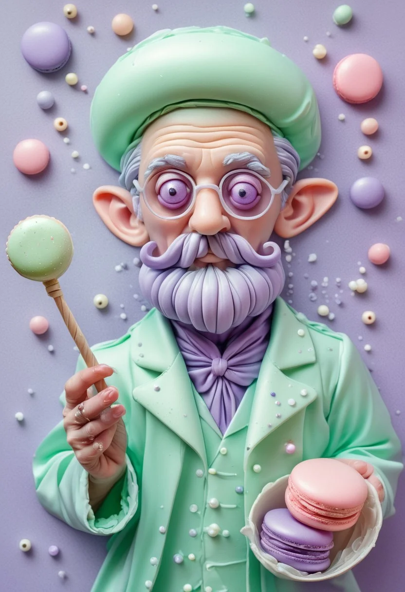Portrait of a Mischievous Macaron Wizard, Pastel Satin Textures in Mint Green, Lavender Purple, and Rose Pink, Eyes Twinkling with Magic, Holding a Tiny Floating Whisk as a Wand, Surrounded by Floating Sugar Crystals and Little Bubbles of Cream, Glossy Finish, Crafting a Whimsical Confectionary Spell