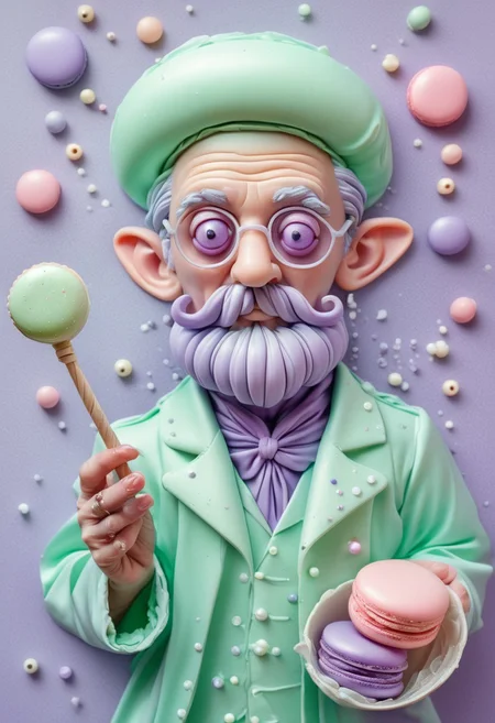 Portrait of a Mischievous Macaron Wizard, Pastel Satin Textures in Mint Green, Lavender Purple, and Rose Pink, Eyes Twinkling with Magic, Holding a Tiny Floating Whisk as a Wand, Surrounded by Floating Sugar Crystals and Little Bubbles of Cream, Glossy Finish, Crafting a Whimsical Confectionary Spell