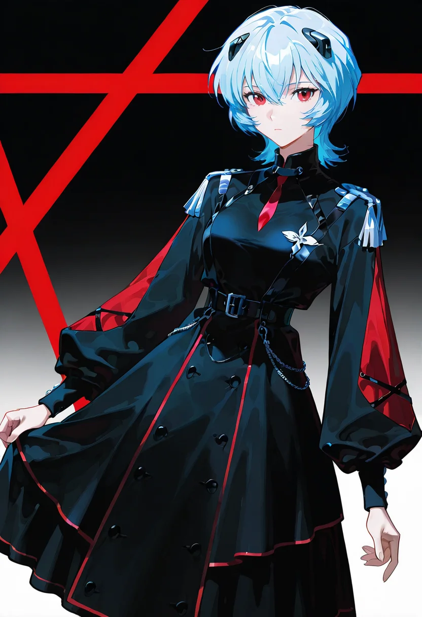 1girl,solo,looking at viewer, echo (circa), m dress, long sleeves, black dress, puffy long sleeves, belt, ayanami_rei