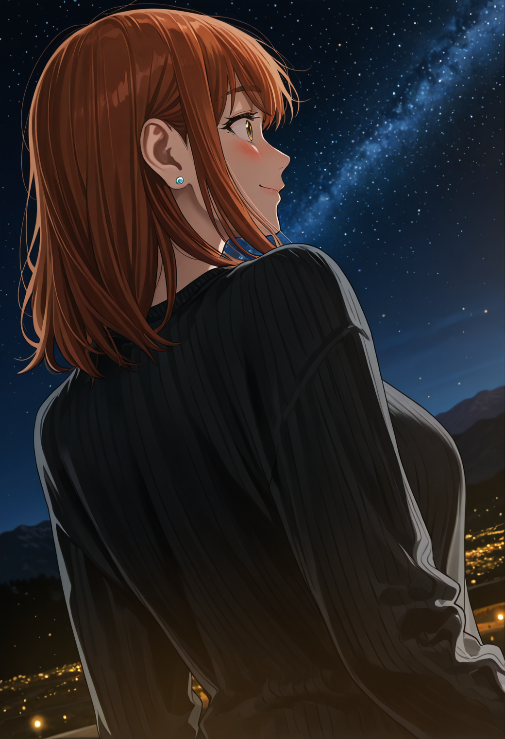 <lora:Kusano_Shizuku_Futari_Solo_Camp:1>,
1girl,ksh1zku,orange_ksh1zku_hair,brown_ksh1zku_eyes,female focus,earrings,medium hair,large breasts,
from behind,looking back,smile,upper body,blush,black sweater,night,dim lighting,dark,outdoors,night,night sky,milky way,mountain,
masterpiece,best quality,newest,absurdres,depth of field,anime screencap,detailed background,subsurface scattering,realistic shading,volumetric lighting,natural lighting,light particles,intricate details,good quality,very awa,highres,perfect proportions,perfect eyes BREAK
visual effects,shadow dutch angle,dynamic angle,dynamic action,atmospheric perspective,cinematic,intricately detailed illustration,amazing quality,very aesthetic BREAK
