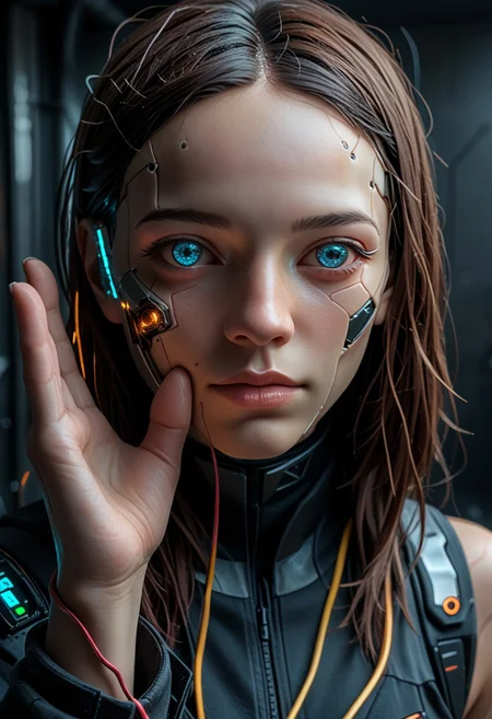 end_tripwire_morph, solo, cyberpunk, looking at viewer, 1girl, blue eyes, portrait, cable, cyborg, wire, mask, hand up, neon, wires, made of wires, cables, outlined with wires and neon, neon outlines, wire sculpture, neon wire sculpture, , PonyXLV6_Scores