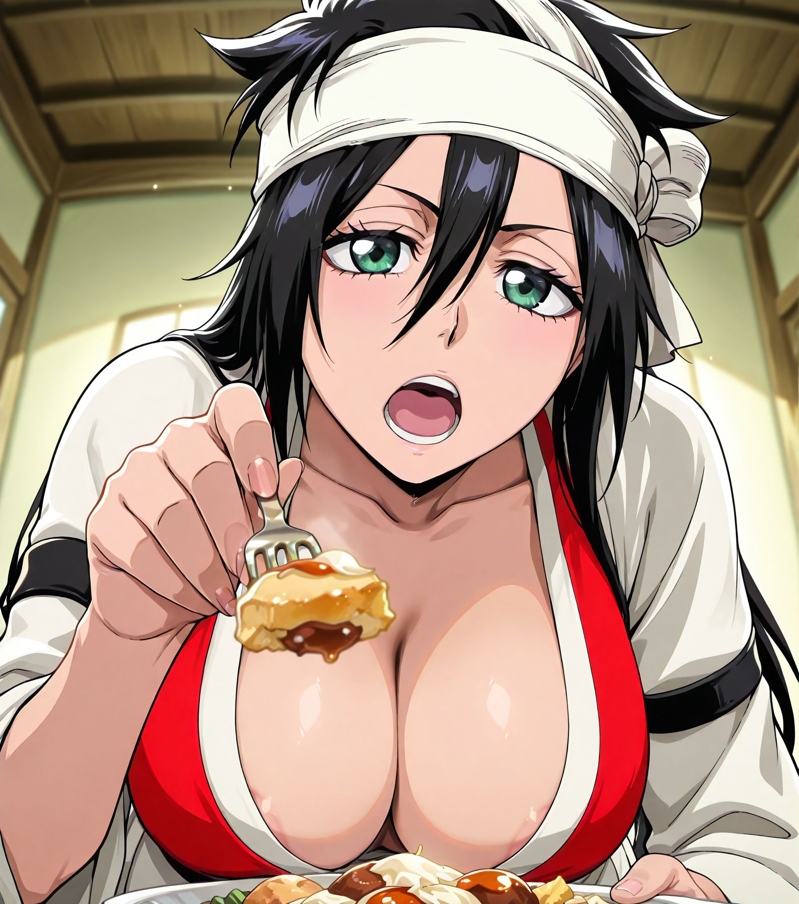 masterpiece best quality newest absurdres highres detailed eyes beautiful detailed background perfect eyes anime coloring anime screencap<lora:add-detail-xl:0.5>,,masterpiece, best quality, newest, absurdres, highres, detailed eyes, beautiful, detailed background, perfect eyes, anime coloring, anime screencap,
<lora:Downblouse:0.7>Downblouse_V1,
1girl,incoming food,food,breasts,
solo,open mouth,downblouse,bent over,
feeding pose,holding food with fork,
open mouth,offering food,areola slip, 
BREAK
shiba kuukaku, 
<lora:Kikaku_Shiba志波空鶴BLEACH:1>,
Kuukaku Shiba,black hair,greeneyes,huge breasts,long hair,bandage,
open chest japanese clothes,
official art,  bleach: sennen kessen-hen, 
official art,  20 YO, milf,