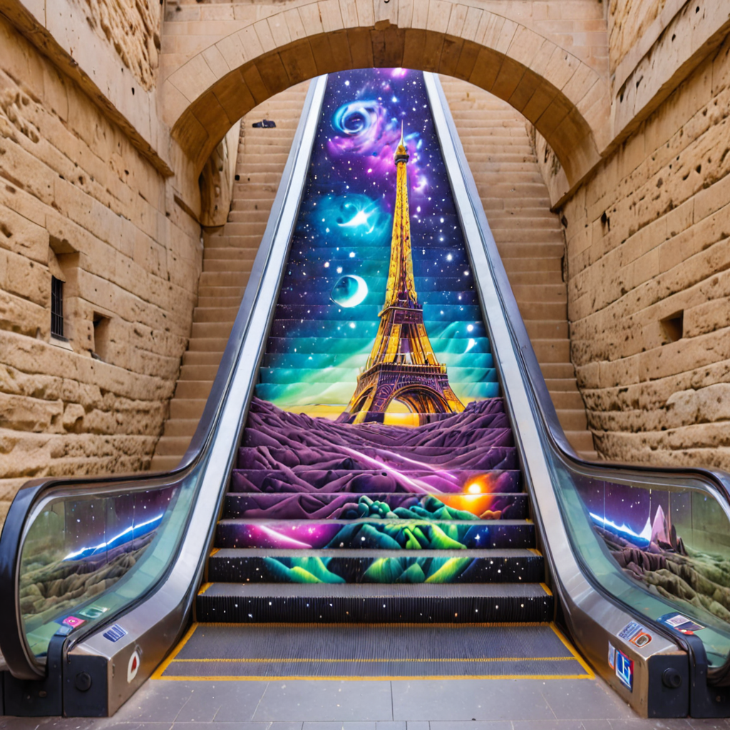 escalator, a tower eiffel in sahara desert, perfect night view, sky ilumination purple and dark blue, beautiful ORION stars, green aurora in sky, escalator-art <lora:escalator-art6:1>