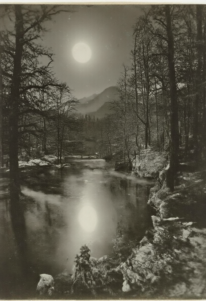 yfg-v1nt, Black and white illustration style, a monochromatic scene shows a round moon casting light over a winding river surrounded by tall, leafless trees, distant dark mountains, a clear sky with scattered stars, smooth water reflecting the moonlight, gentle curves of the riverbank, and intricate shadows giving depth, creating an eerie and surreal ambiance.