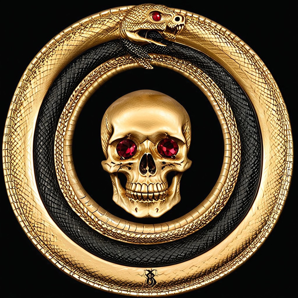 Black and gold medallion, a skull and crossbones symbol in the center of the medallion, skull_graphics,  a black ouroboros on the outer edge of the medallion. the boarder around the medallion is a snake eating its tail, intricate engraved black background+, very detailed, high resolution. Red Rubies are used for the skull eyes. A green emerald is used for the snake’s eye.
