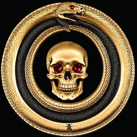 Black and gold medallion, a skull and crossbones symbol in the center of the medallion, skull_graphics, a black ouroboros on the outer edge of the medallion. the boarder around the medallion is a snake eating its tail, intricate engraved black background+, very detailed, high resolution. Red Rubies are used for the skull eyes. A green emerald is used for the snake’s eye.