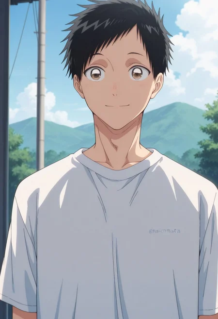masterpiece,best quality,amazing quality,
taikinomata, 1boy, male focus, solo, brown eyes, black hair, short hair, shirt, white shirt, t-shirt, short sleeves, portrait, smile, outdoor, day,