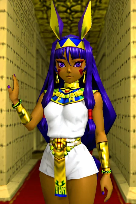 BREAK, zzNitocris, purple hair, purple eyes, animal ears, dark skin, long hair, facial mark, hairband, jewelry, bracelet, egyptian clothes, thighs, belly chain, usekh collar, white clothes, <lora:NitocrisIXL_v2:1.0>, ,<lora:N64ZeldaStyleIXL:1.0>,