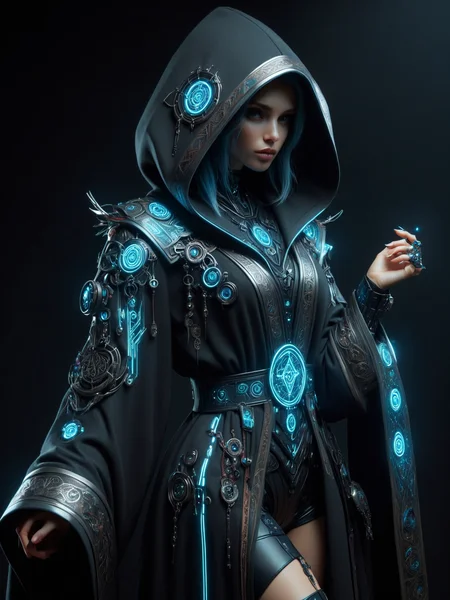 woman, cyberpunk <lora:Cyberpunk_Techno-Mages_SDXL:1> hermeticwizard, hooded robe, rune, dynamic pose, (masterpiece:1.2), best quality