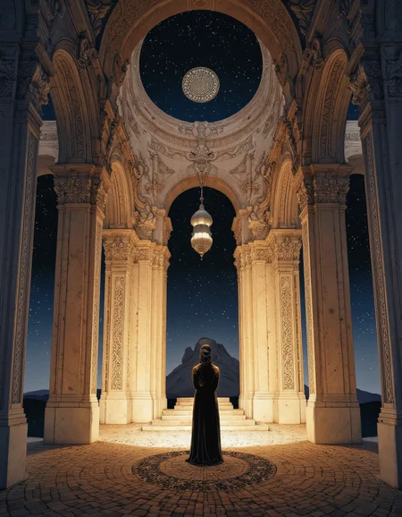 By Phandigrams. A digital illustration shoot from a low angle about a mystical scene featuring a figure standing in the middle of a grand, ornate stone structure with intricate carvings, illuminated by a circular light source at the top. the image also shows a starry night sky with a distant mountain range in the distance. on the center of the image, a figure appears to be a woman, standing with her back to the viewer, facing away from the viewer. she is wearing a long, flowing black cloak that catches the light, and her long hair cascades down her back. the figure is silhouetted against the dark, starry sky, which is filled with a circular, glowing mandala. the structure itself is made up of tall, arched stone pillars with intricate, detailed designs, and is illuminated by the light source, casting a warm, golden glow on the stone floor below. the overall effect is one of grandeur and mystery, with a sense of awe and wonder.