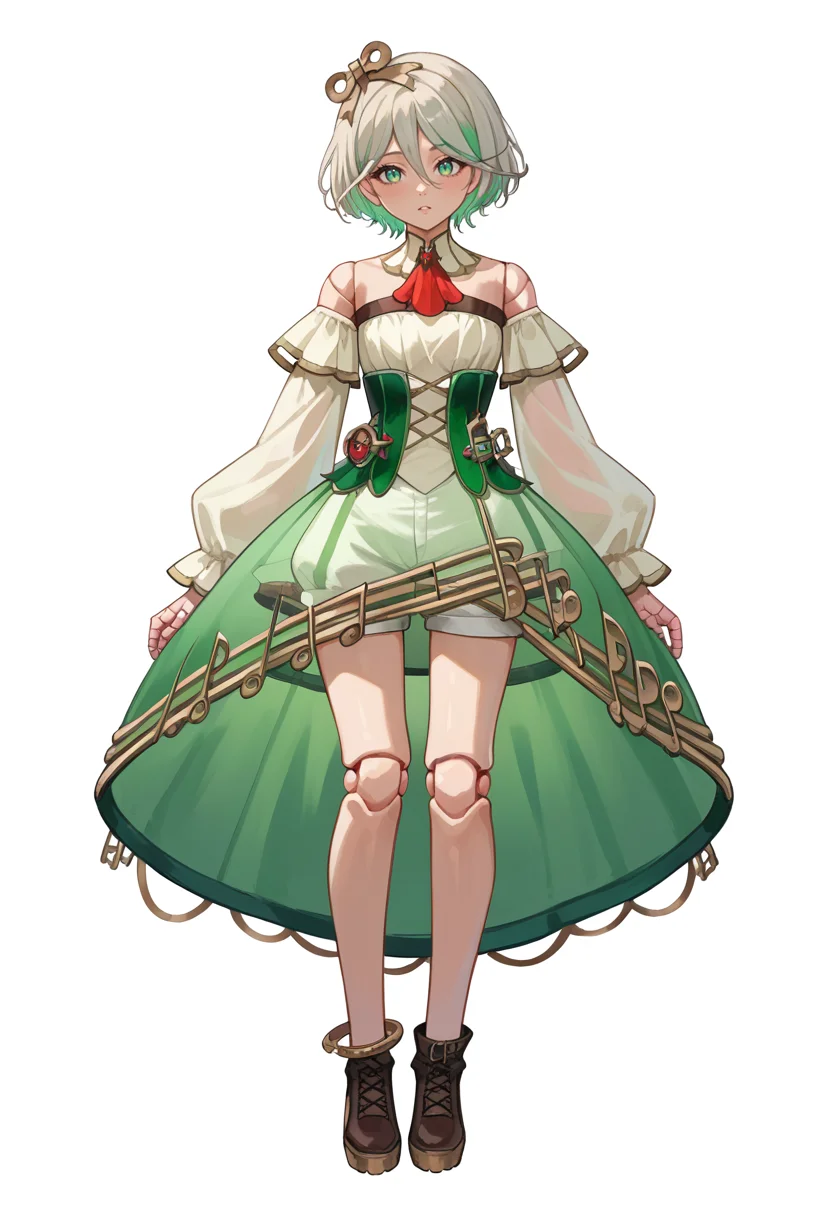 score_9, score_8_up, source_anime, 1girl, solo, CeciliaImmergreen, hair ornament, doll joints, short hair, braid, detached collar, red ascot, strapless dress, detached sleeves, chest belt, green corset, gears, green skirt, see-through, bloomers, white shorts under skirt, gold trim, musical note, simple background, white background, full body, <lora:ChamCeciliaImmergreenPonyXL:1>
